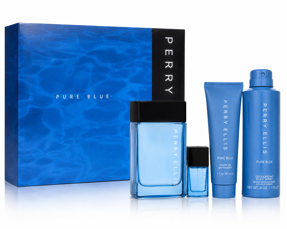 Perry Ellis Pure Blue 4PC Set 100ML EDT + 200ML Body Spray + 90ML Shower Gel + 7.5ML EDT