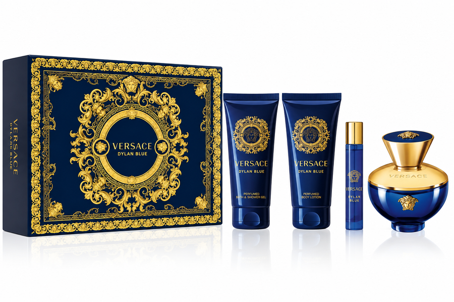 Versace Dylan Blue 4-piece Gift Set Bath&Shower Gel 100ml+ Body Lotion 100ml EDP 5ml+ EDP 100ml