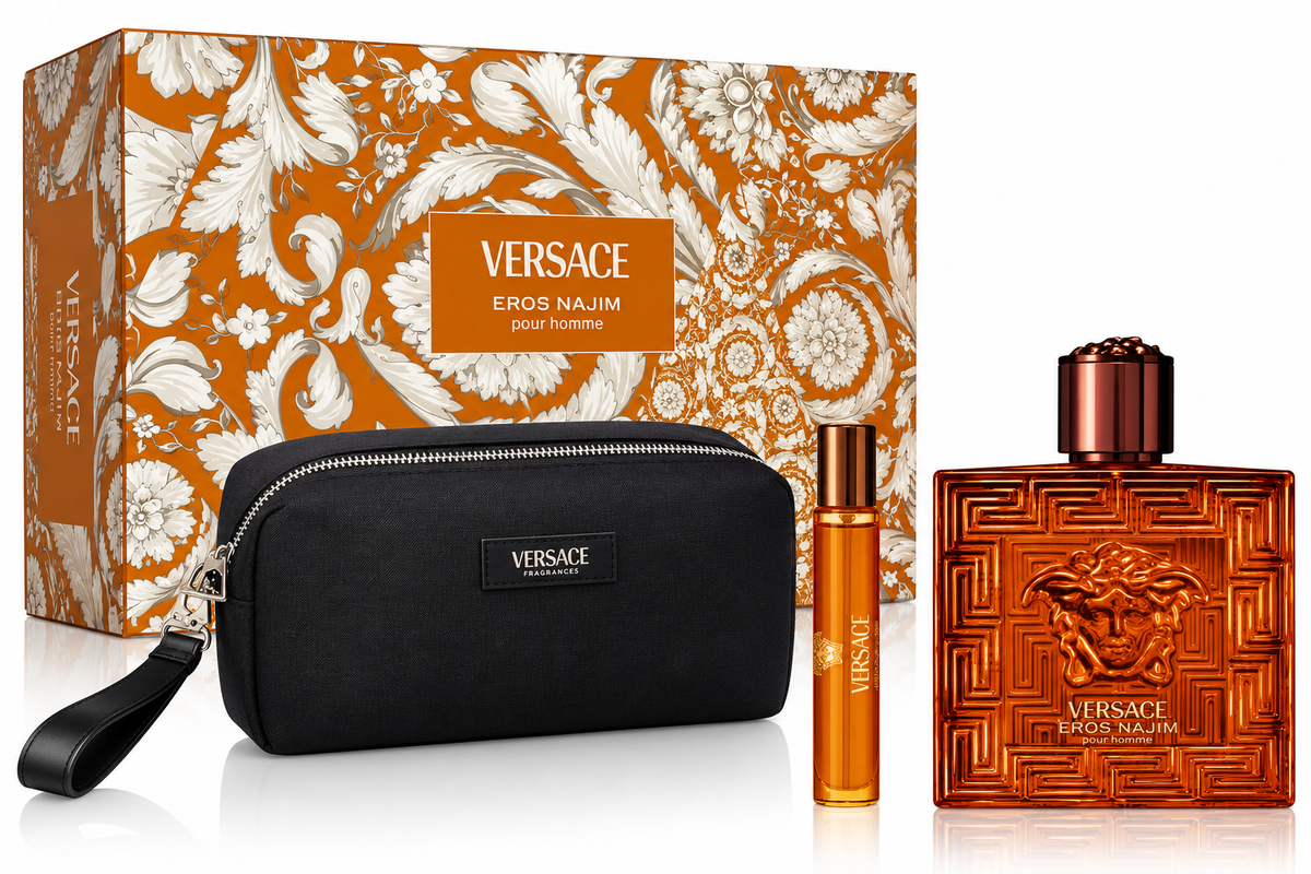 Versace Eros Najim Pour Homme 3-Piece Gift Set (3.4 PERFUM+0.3 Spray + Black Trousse)